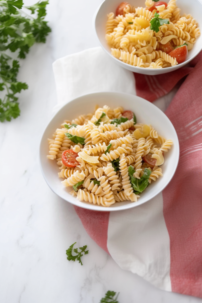 Final plated shot of Fridge Raid Pasta, featuring tomatoes, spinach leaves, and Parmesan shavings