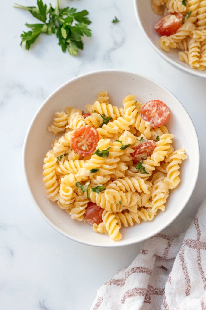 Fusilli pasta served with cherry tomatoes and spinach, sprinkled with cheese for a fresh finish