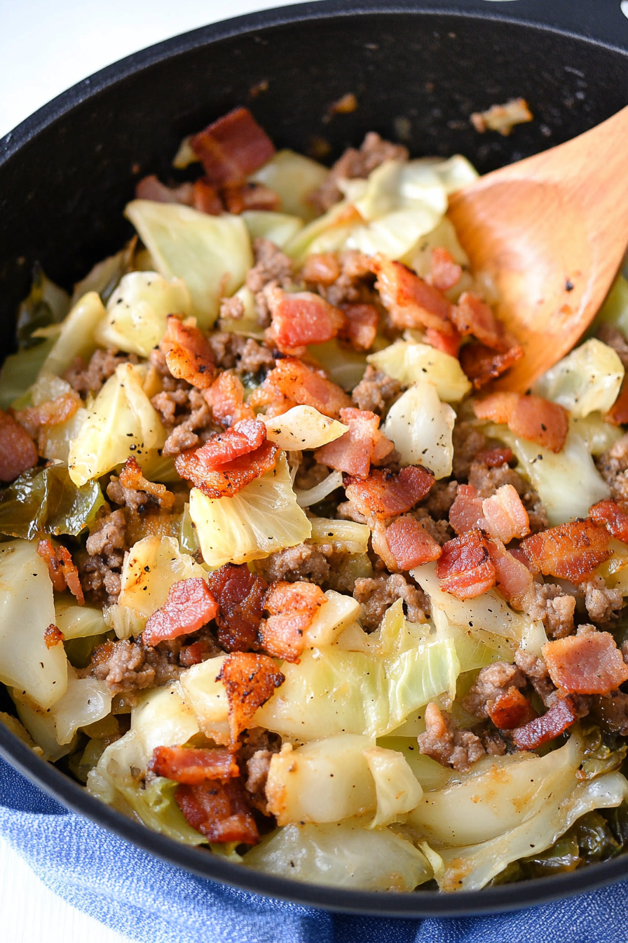 Hearty skillet-style cabbage with bacon crumbles and lightly caramelized vegetables.