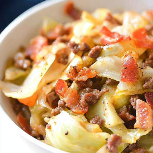 Soft cabbage ribbons cooked with smoky bacon and colorful peppers, ready to serve.