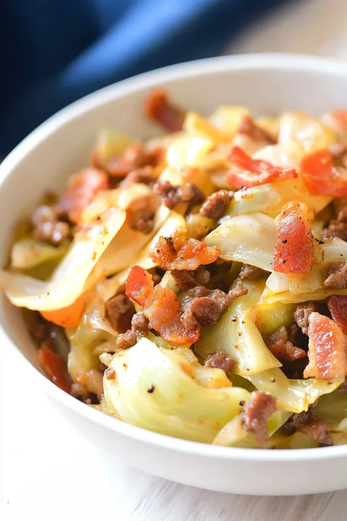 Soft cabbage ribbons cooked with smoky bacon and colorful peppers, ready to serve.