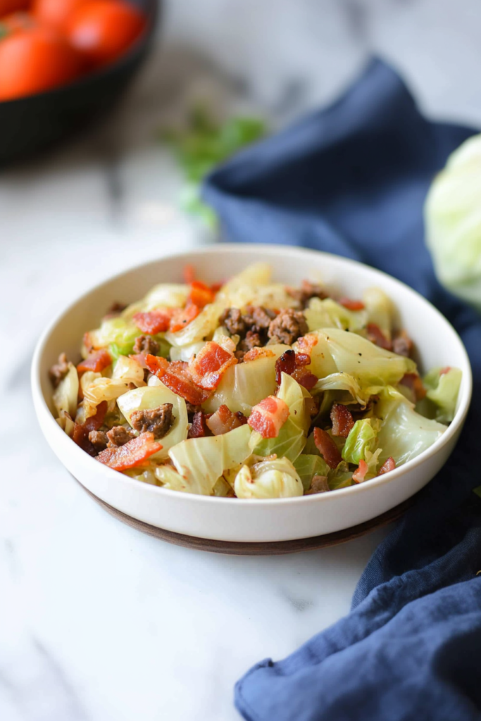 Savory cabbage dish tossed with crispy bacon and sautรฉed vegetables in a warm bowl.