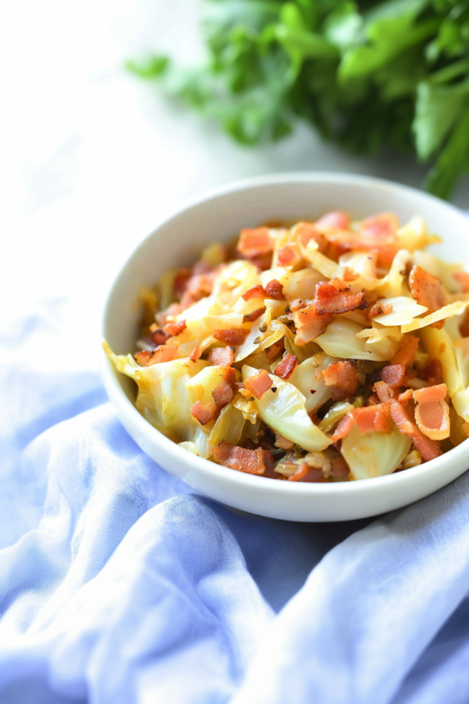 A bowl of sautรฉed cabbage mixed with crispy bacon pieces and red peppers, lightly seasoned.