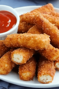 Fried breaded cheese sticks with a crunchy exterior and soft cheesy center.