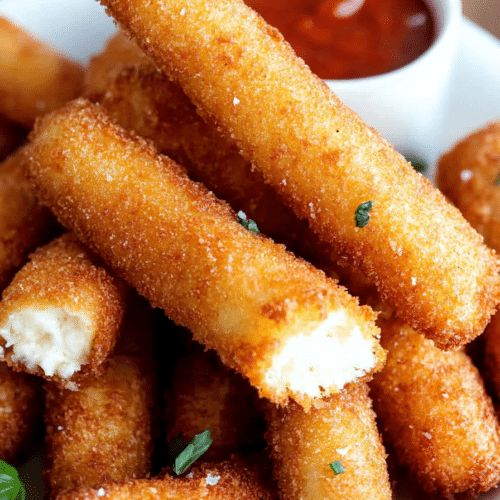 Crispy appetizer sticks arranged on a plate with a small bowl of tomato sauce.