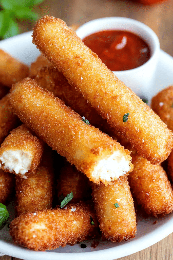 Crispy appetizer sticks arranged on a plate with a small bowl of tomato sauce.