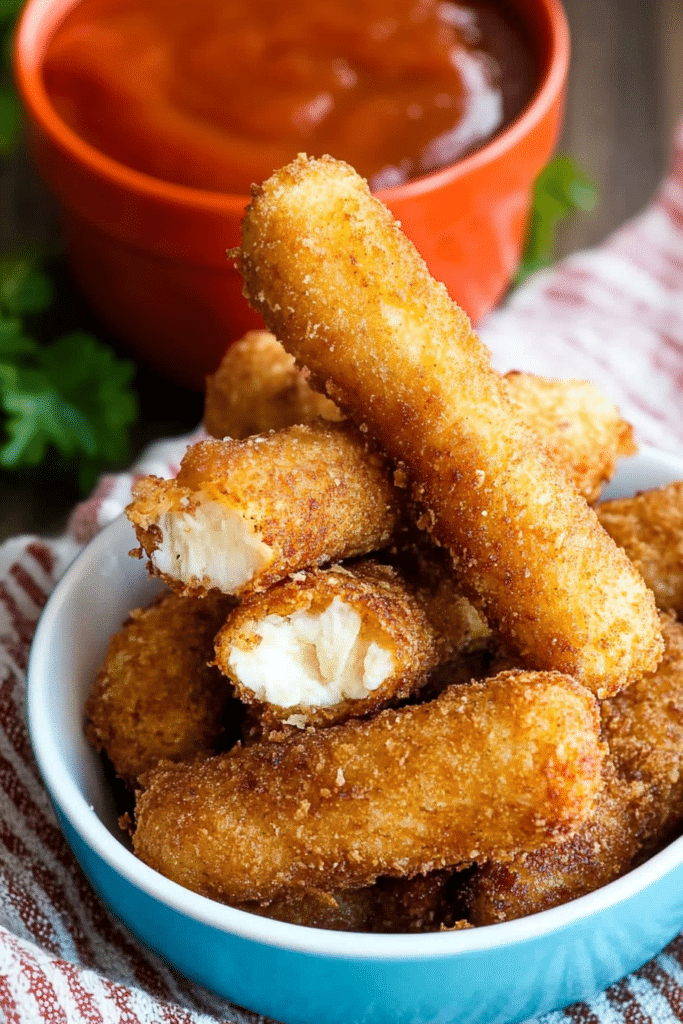 Breaded cheese sticks stacked and freshly fried until crunchy and golden brown.