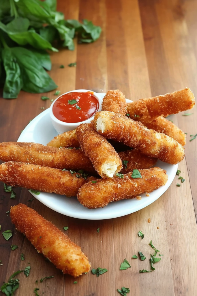 Golden, crispy cheese sticks served on a white plate with marinara dipping sauce.