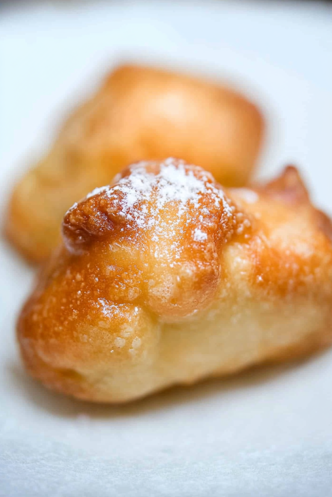 Close-up of crispy mini fritters dusted lightly with sugar on a white plate