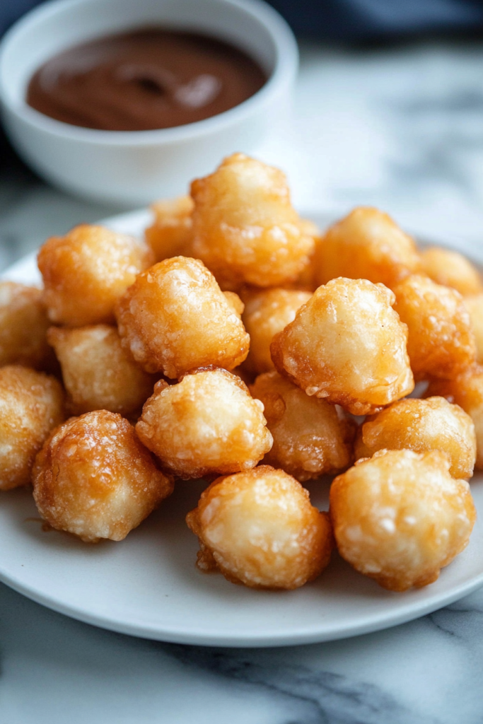 Golden, crispy bite-sized dumplings piled on a plate with a side of chocolate dipping sauce