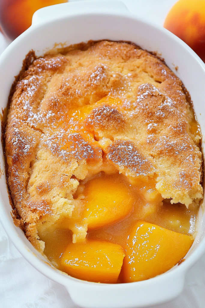 Close-up of juicy peach filling topped with crumbly baked crust and powdered sugar.