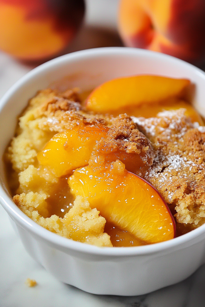 Warm dessert highlighting caramelized peach slices under a crisp, golden topping.