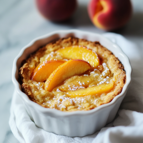 Final serving of Georgia Peach Cobbler with fresh peaches blurred in the background.