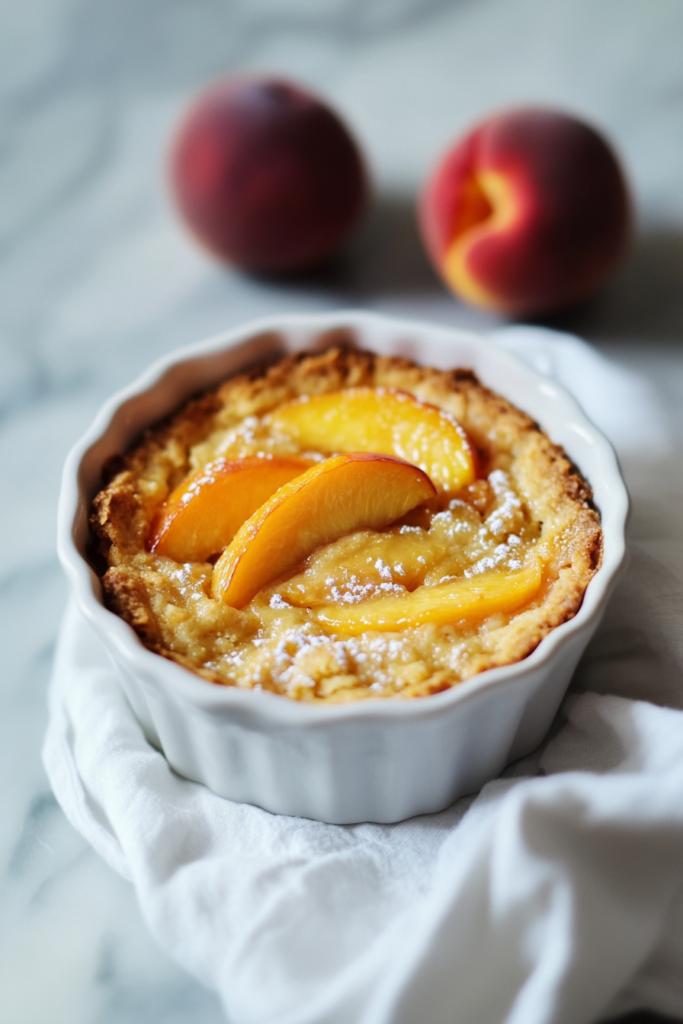 Final serving of Georgia Peach Cobbler with fresh peaches blurred in the background.