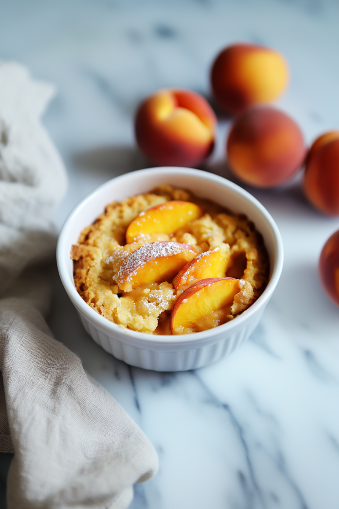 Golden-brown cobbler crust with baked peaches in a white ramekin.