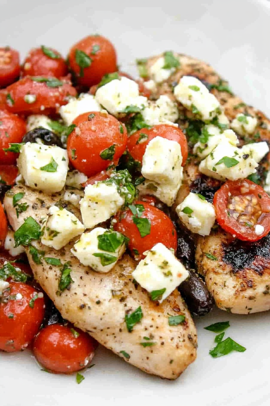 Close-up of seasoned chicken served with a fresh tomato herb mixture