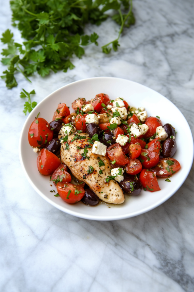 Savory chicken dish finished with a bright tomato and feta garnish