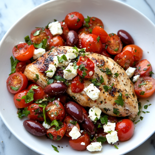 Juicy chicken breast with a colorful tomato and feta topping