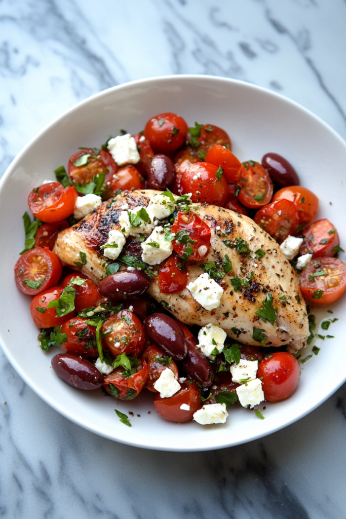 Juicy chicken breast with a colorful tomato and feta topping