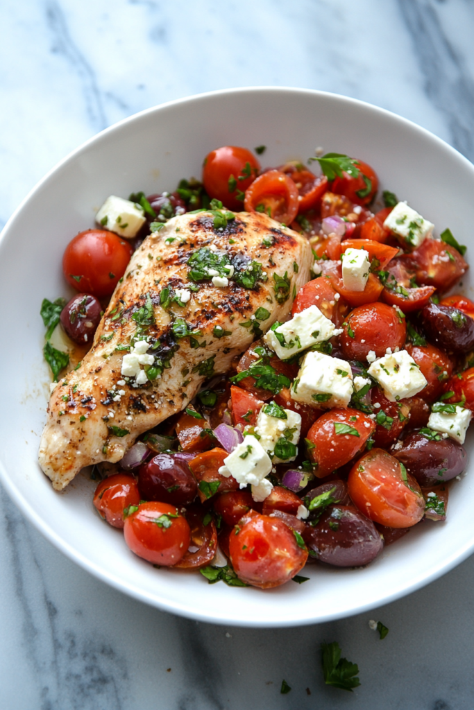 Grilled chicken topped with cherry tomatoes, feta cheese, and fresh herbs