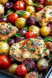 Sheet pan of herb-seasoned chicken with caramelized tomatoes and grapes, glistening with olive oil.