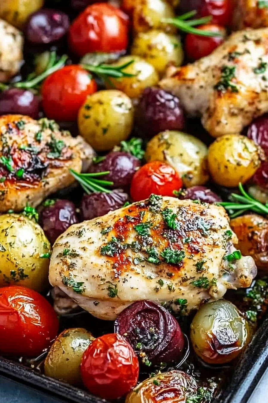 Sheet pan of herb-seasoned chicken with caramelized tomatoes and grapes, glistening with olive oil.