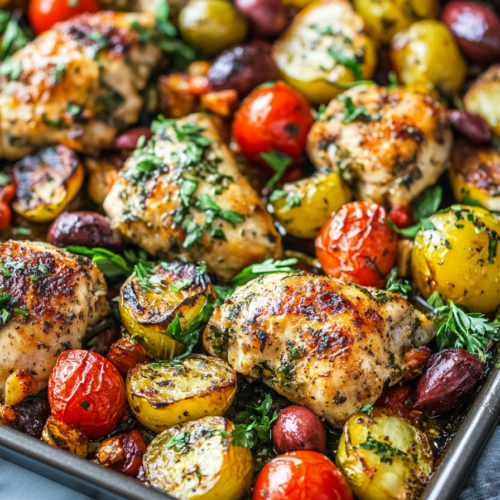 Savory roasted chicken nestled among vibrant Mediterranean-style vegetables and herbs.