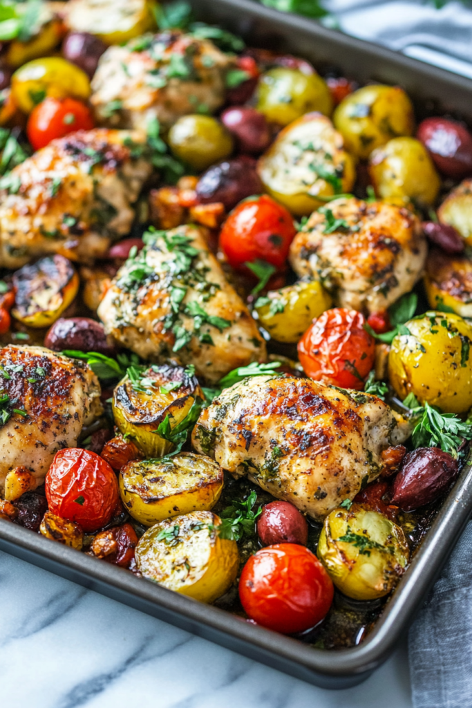 Savory roasted chicken nestled among vibrant Mediterranean-style vegetables and herbs.