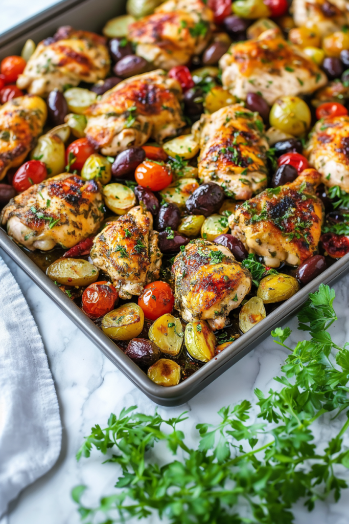 Baking tray filled with juicy chicken, charred tomatoes, and glossy grapes, garnished with parsley.