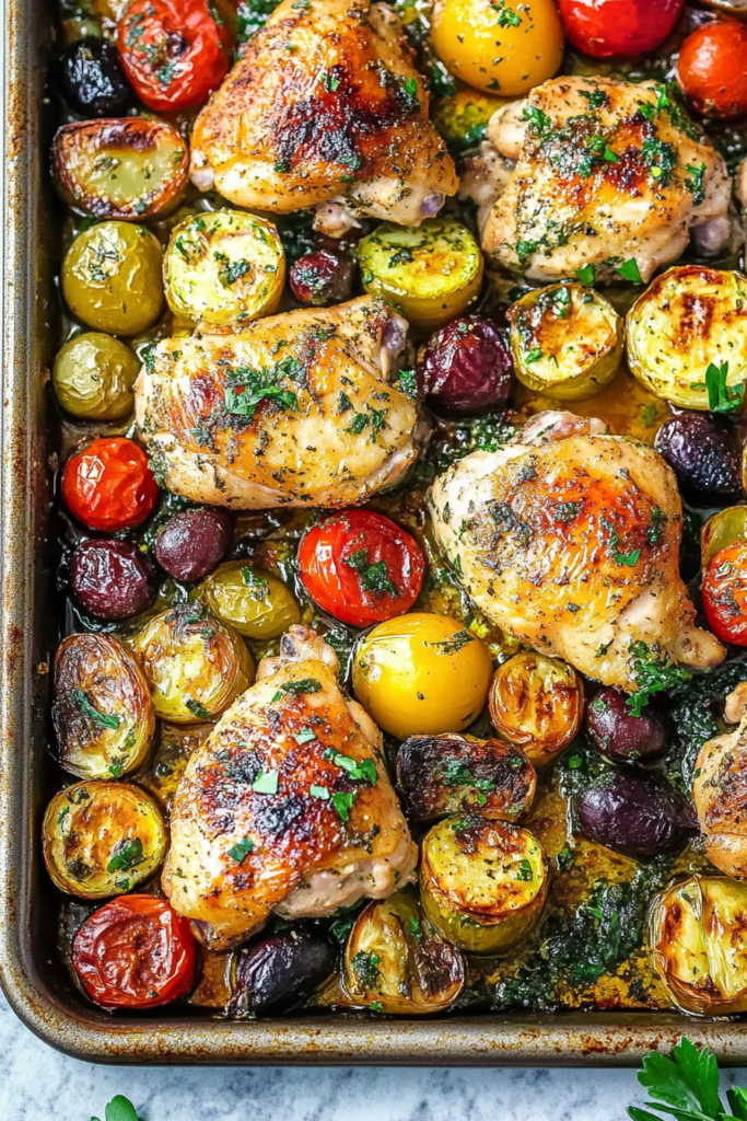 Golden roasted chicken with blistered cherry tomatoes, grapes, and fresh rosemary on a sheet pan.