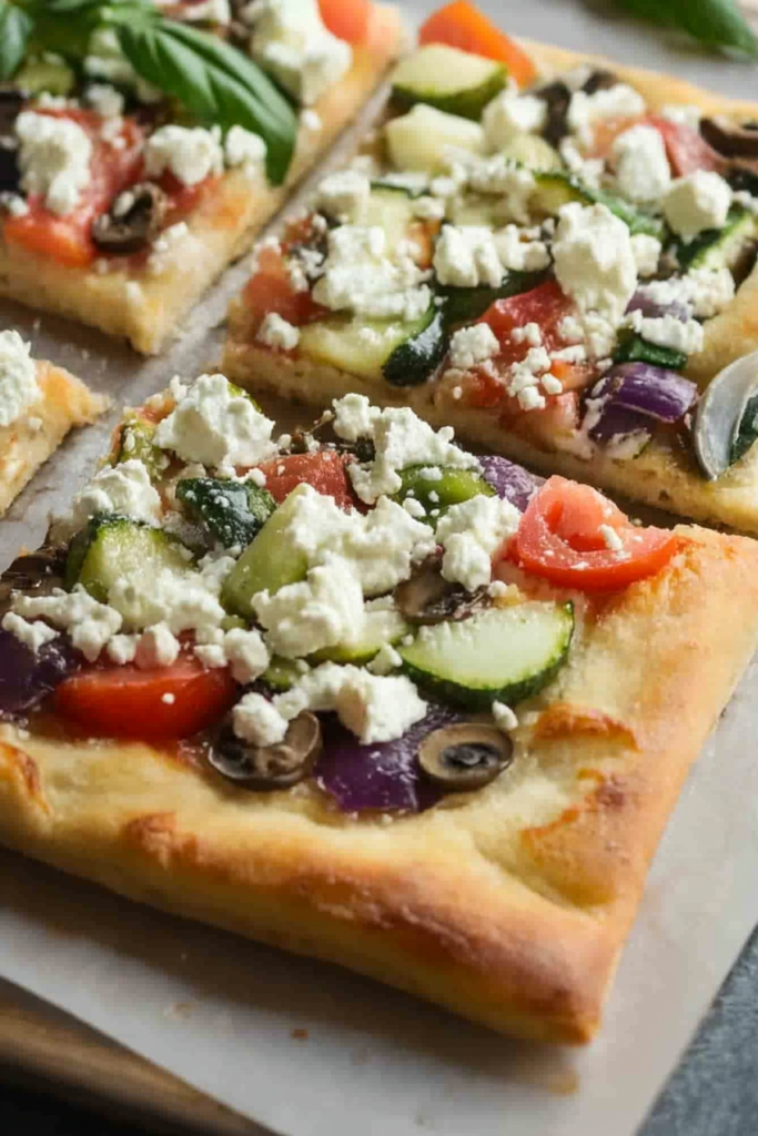 Golden-brown pizza squares with colorful Mediterranean toppings and fresh basil leaves