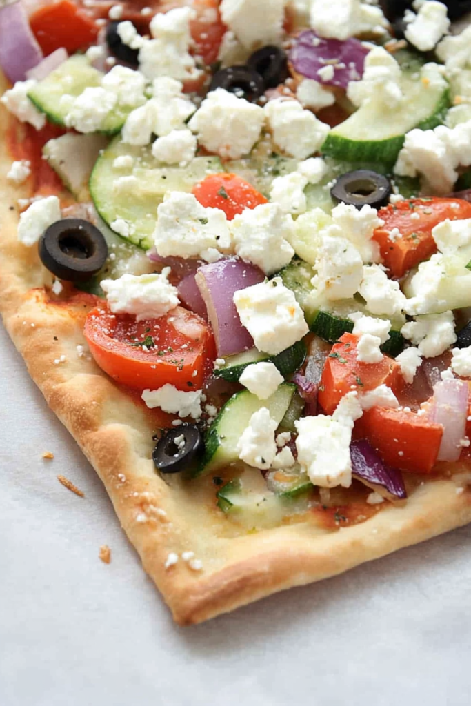 Final plated shot of Greek Veggie Pizza Squares, showcasing thick crust and vibrant vegetables