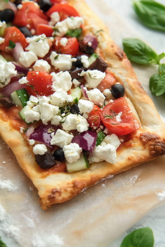 Rectangular slices of vegetable pizza topped with feta, zucchini, tomato, red onion, and olives