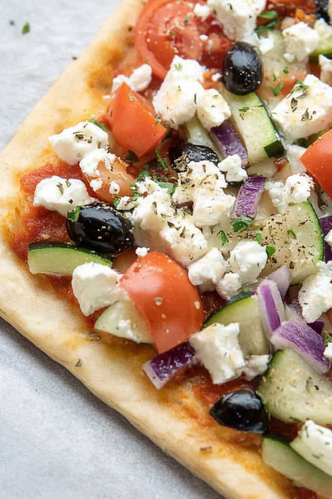 Close-up of baked veggie pizza highlighting melted cheese, olives, and rustic parchment background