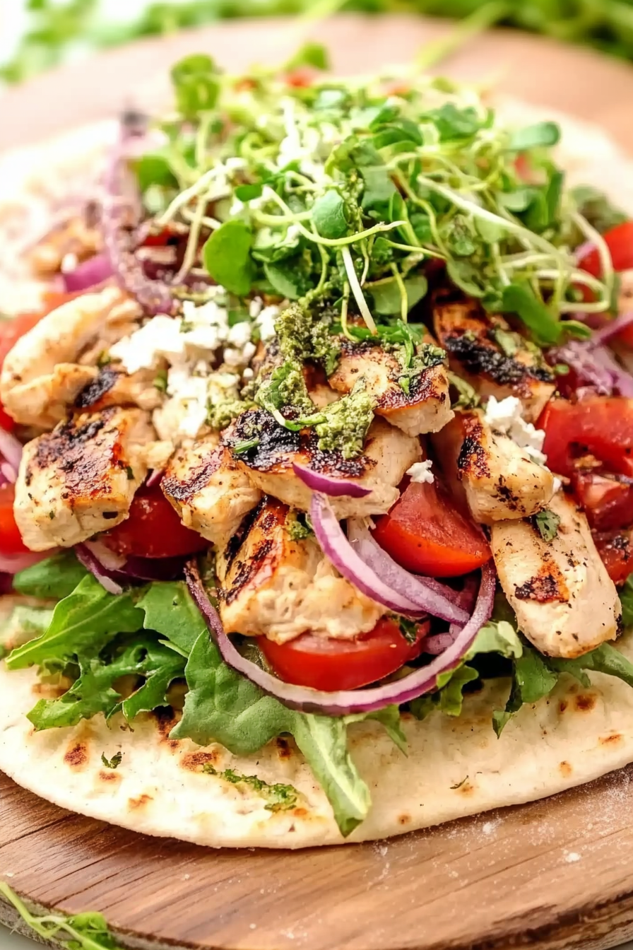 Colorful wrap on a wooden board with juicy chicken, tomatoes, onions, and feta.