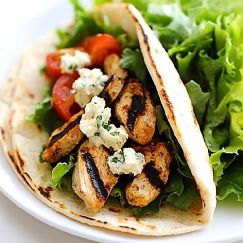 Freshly prepared flatbread sandwich drizzled with pesto and layered with crisp greens.