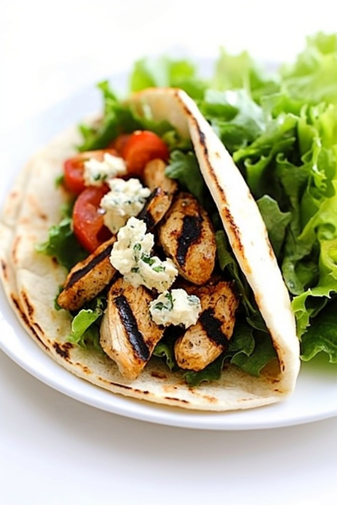 Freshly prepared flatbread sandwich drizzled with pesto and layered with crisp greens.