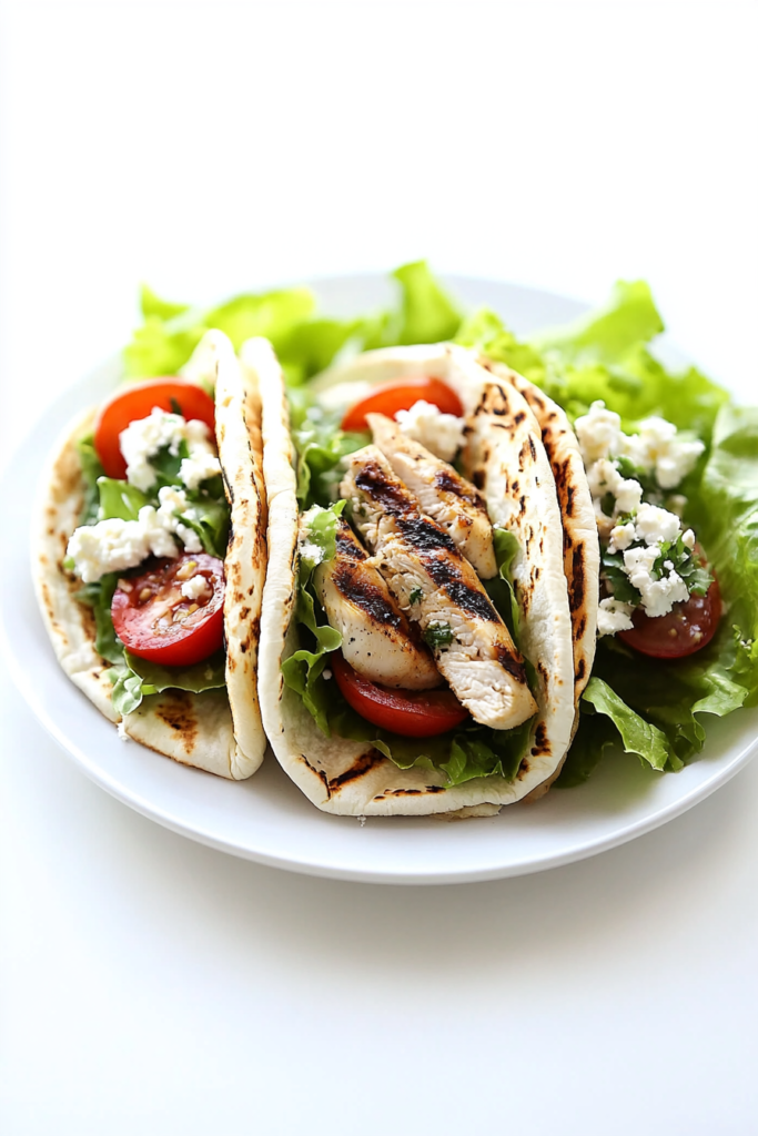 Healthy Mediterranean-style pita stuffed with charred chicken and vibrant vegetables.
