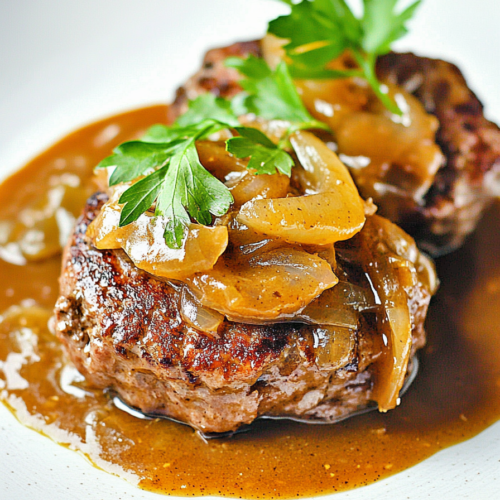 Classic comfort dish with browned beef patties and thick onion gravy