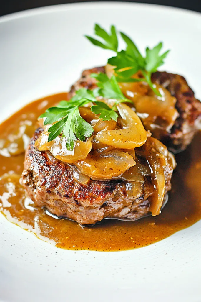 Classic comfort dish with browned beef patties and thick onion gravy
