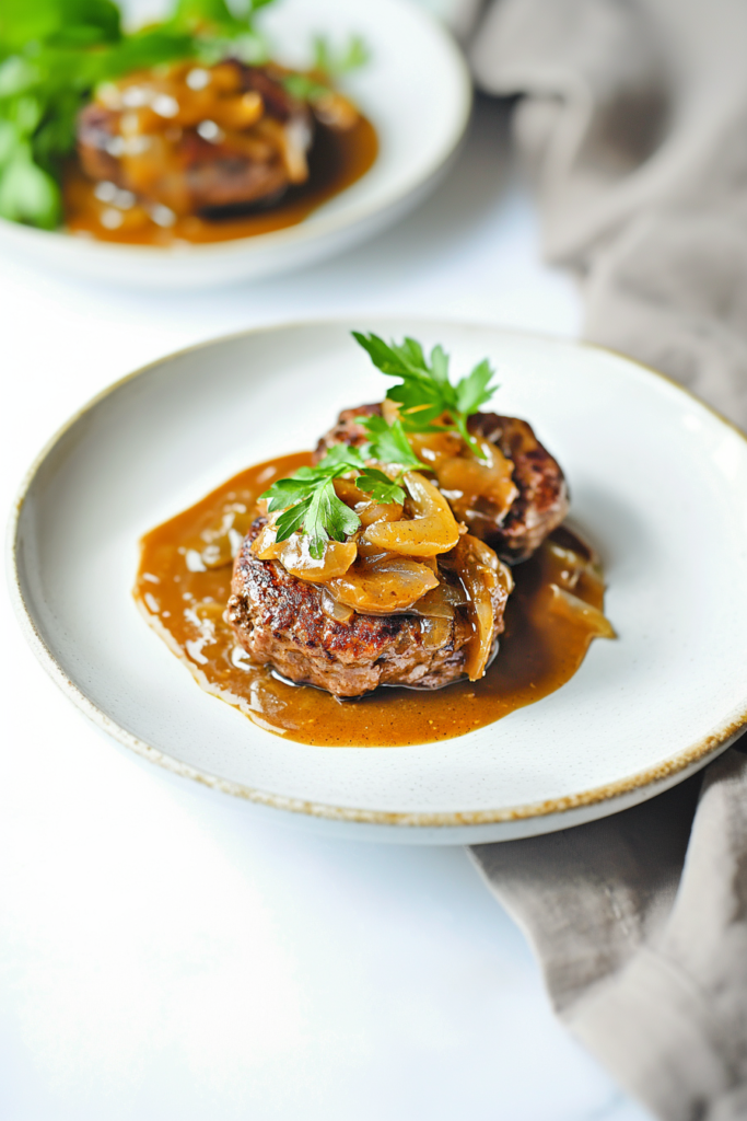 Hearty beef patties served with savory onion gravy on a white plate