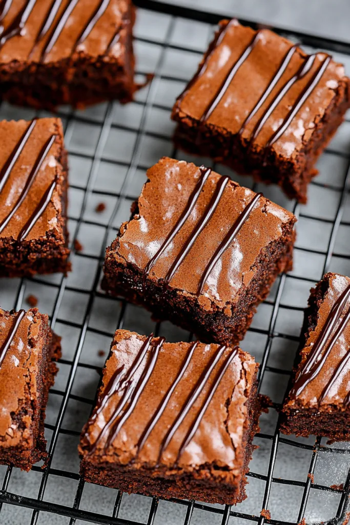 Chocolate brownies drizzled with syrup, displayed on a cooling rack for a tempting finish.