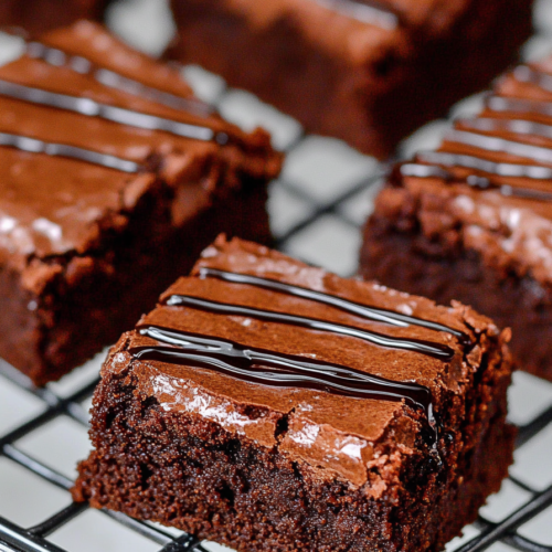 Freshly baked brownies with a glossy drizzle, ready to serve as a decadent dessert.