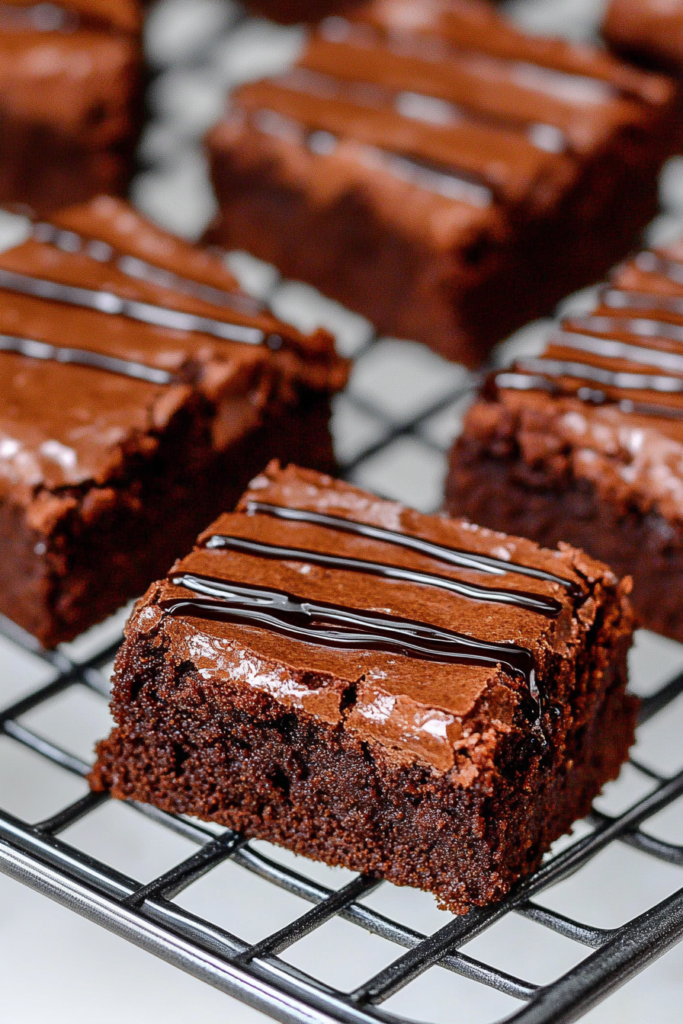 Freshly baked brownies with a glossy drizzle, ready to serve as a decadent dessert.