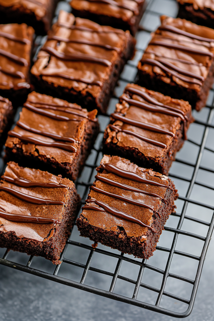 Neatly cut brownies arranged in a grid, highlighting the contrast between crisp tops and soft centers.