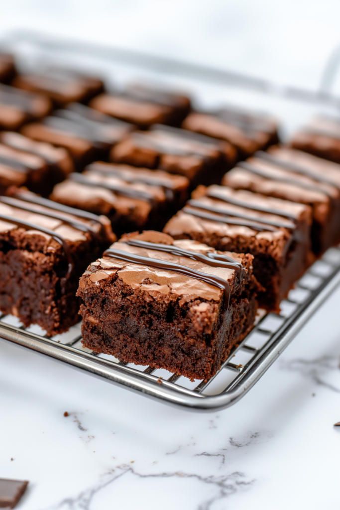 Rows of rich, fudgy brownies cooling on a rack with glossy chocolate drizzle on top.