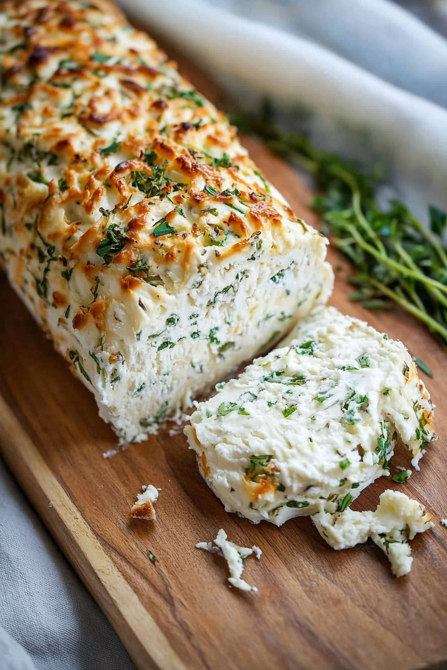 Golden-brown cheese loaf with herbs, sliced to reveal its creamy interior.