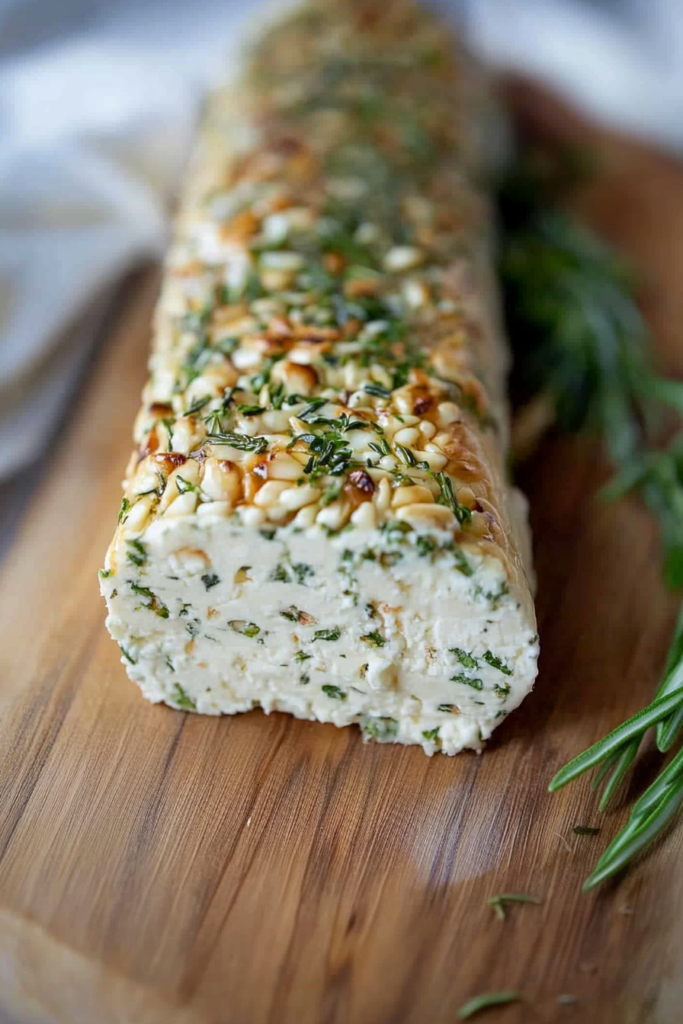 Savory cheese log showing browned crust and flecks of green herbs throughout.