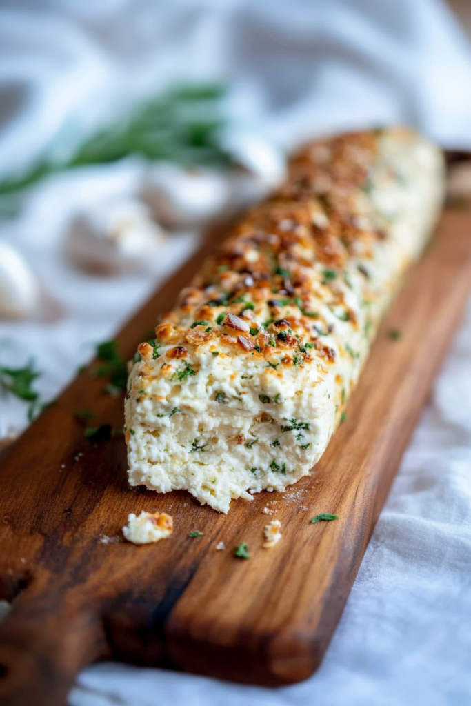 Festive appetizer of baked cheese log displayed with sprigs of parsley for garnish.