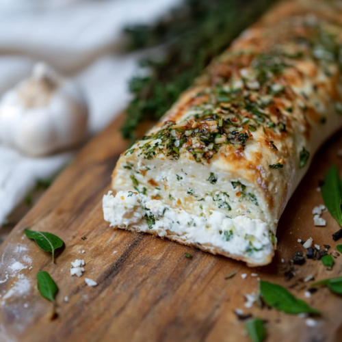 Close-up of Holiday Garlic Herb Cheese Log on a wooden board with fresh herbs beside it.
